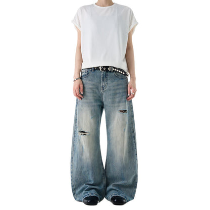 American-style Vintage Distressed Ripped Slub-textured Bootcut Jeans