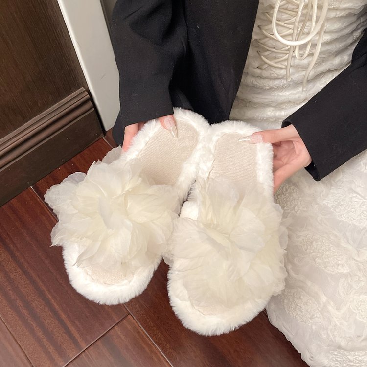 Women's 2026 Autumn Winter New Home Floral Furry Slippers, Flat Indoor Single Band Plush Soft Sole Cotton Slides