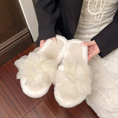 Women's 2026 Autumn Winter New Home Floral Furry Slippers, Flat Indoor Single Band Plush Soft Sole Cotton Slides