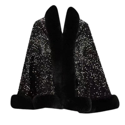 Sequined Fur Collar Knitted Inverness Women