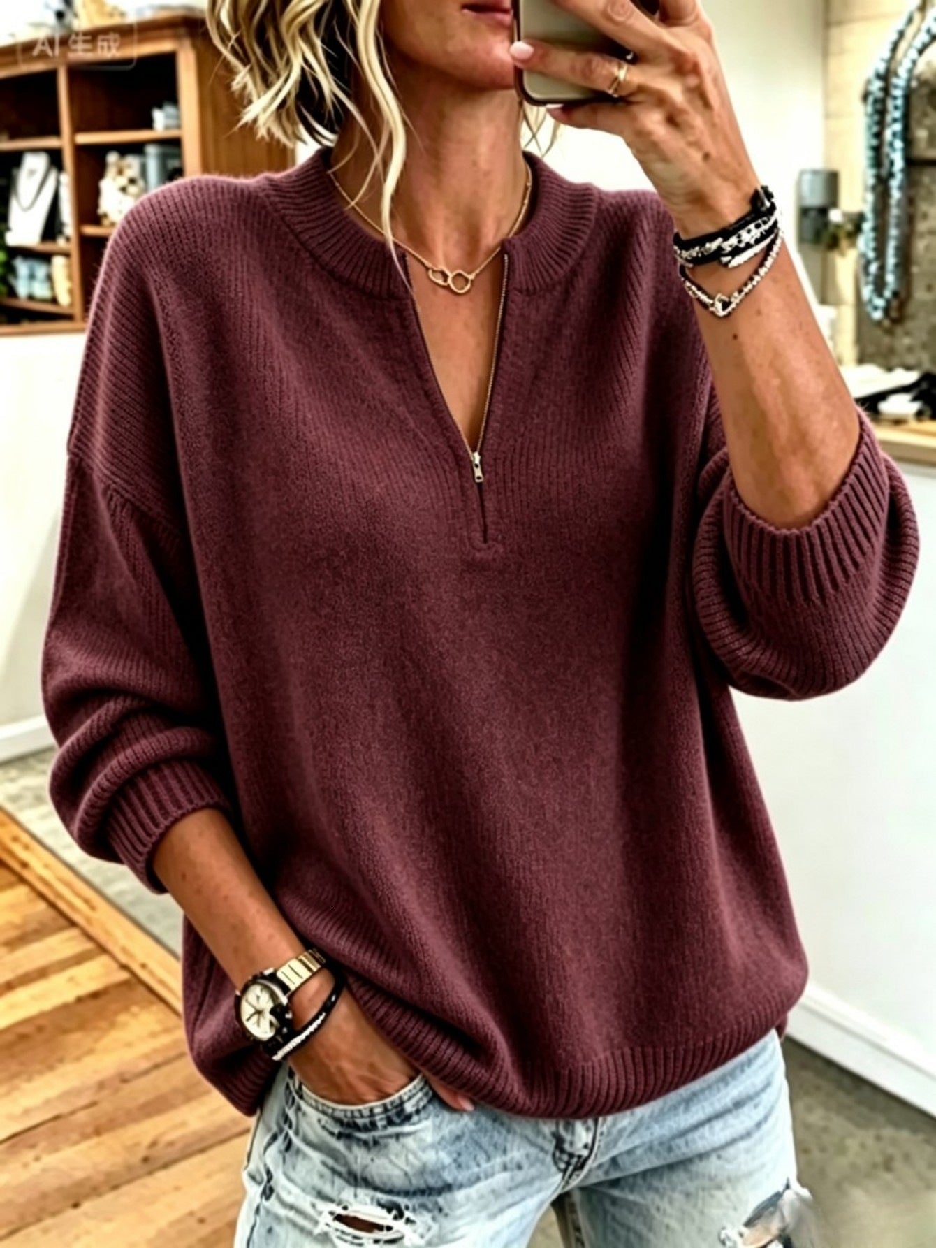 Korean-style Casual Stand-collar Half-zip Sweater For Women
