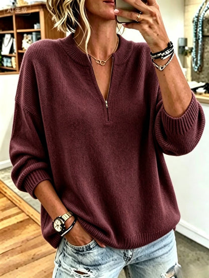 Korean-style Casual Stand-collar Half-zip Sweater For Women