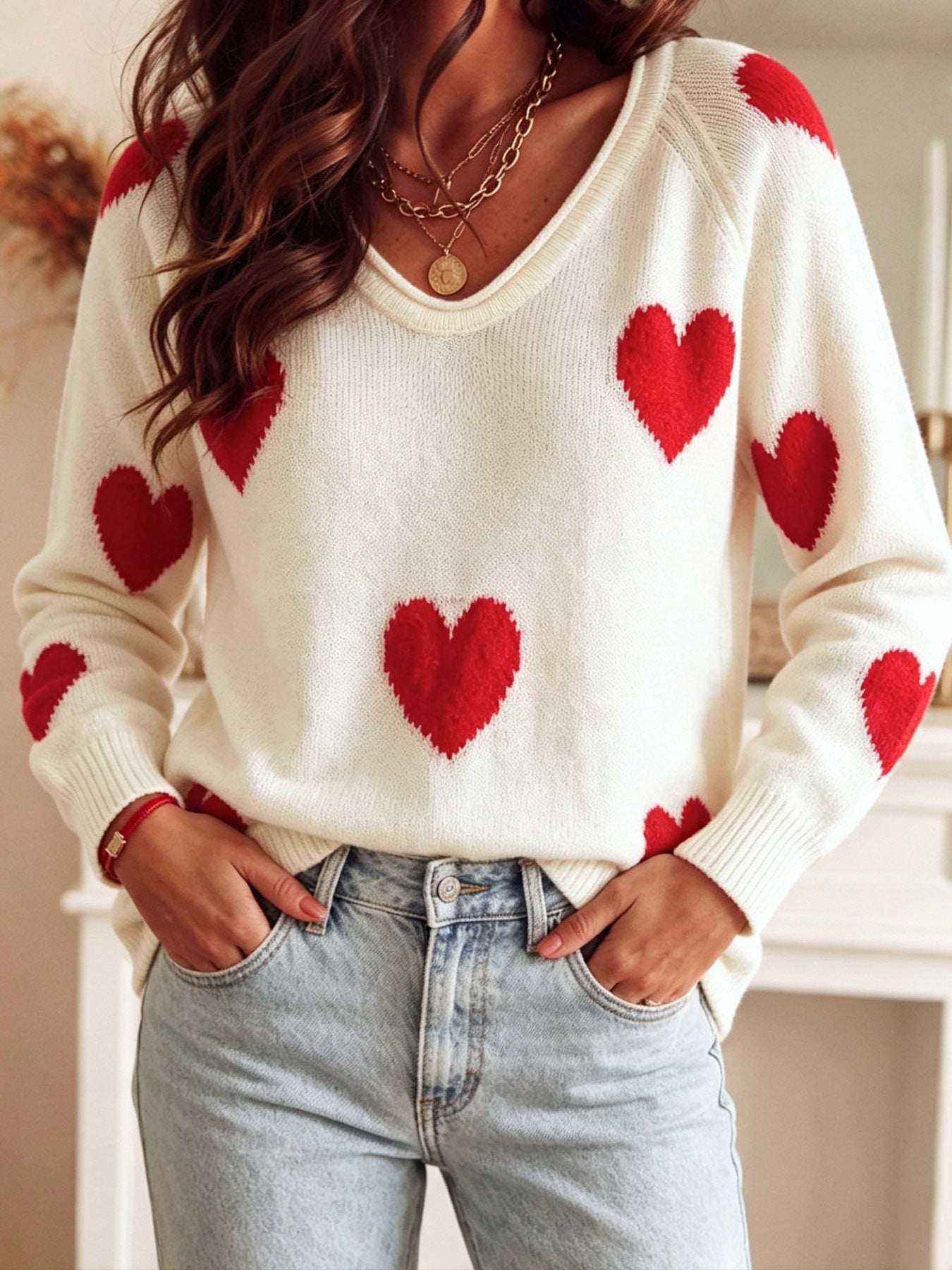 Overzied Casual Cream White All Over Red Heart Pattern Long Sleeve Knit Top For Women