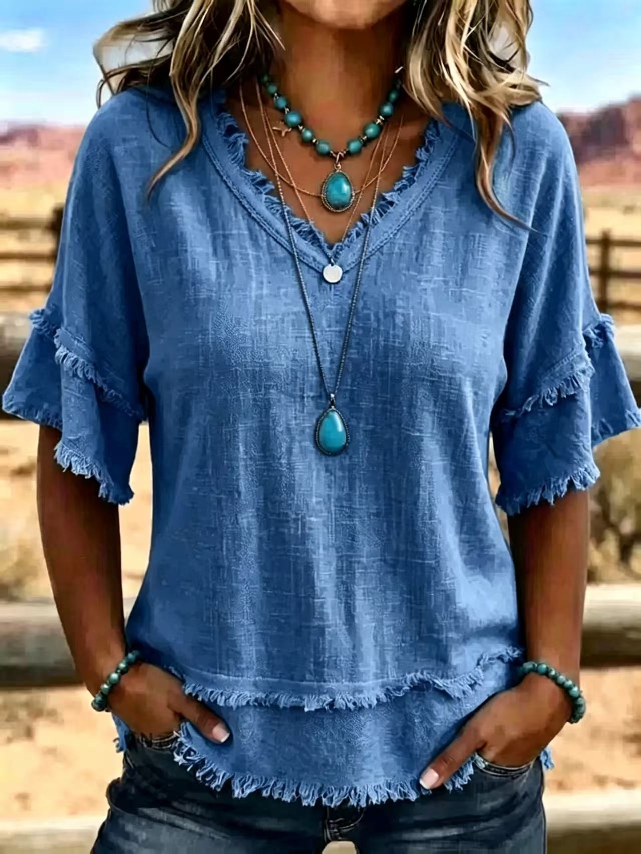 Casual Women's Shirt V-Neck Short Sleeve Loose Fit Pure Color Summer Fashion Trend Pullover Tops For Daily Wear