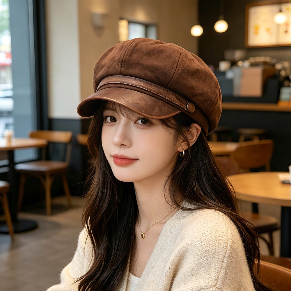Winter Spring Vintage Ruffled Octagonal Newsboy Hat With Leather Buckle, Soft Top And Curved Brim, Fashionable British Style Beret
