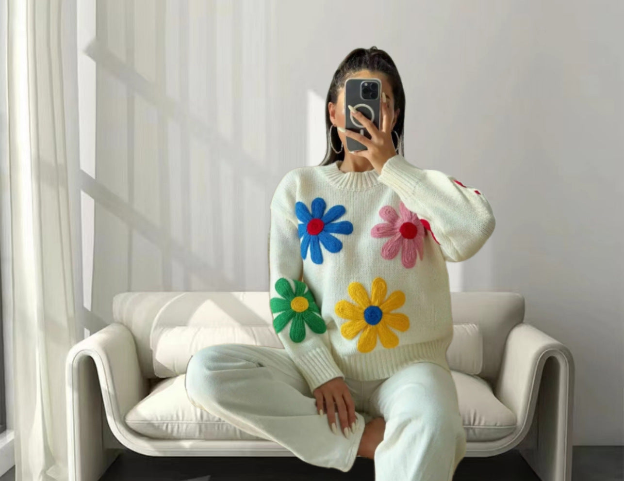 European And American Color Little Flower Thick Sweet Cute Sweater Coat