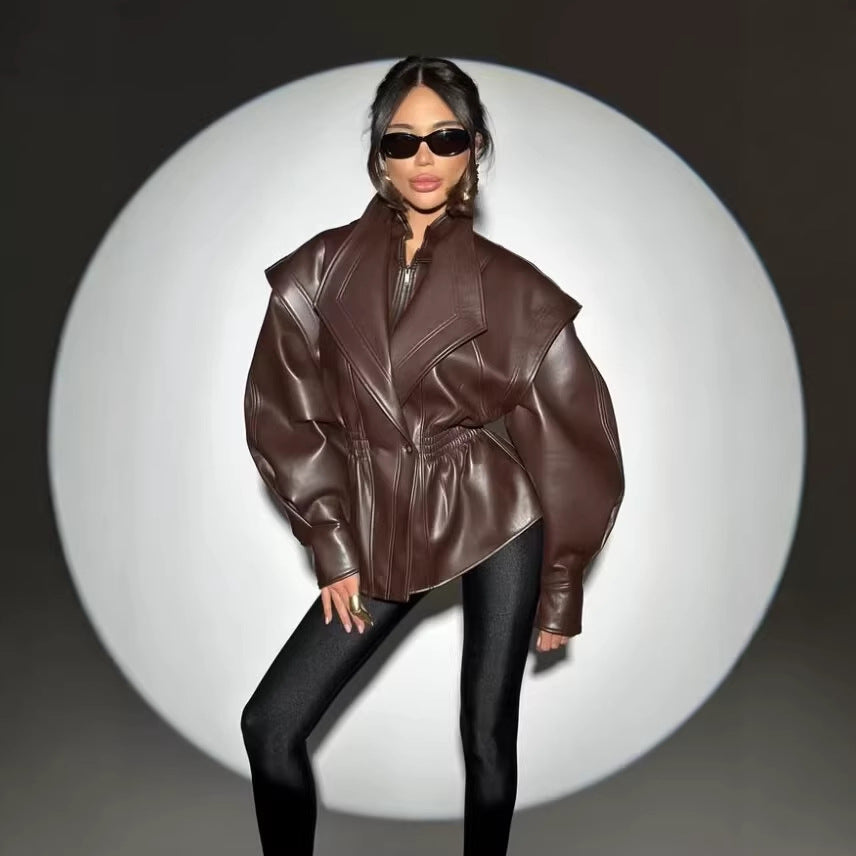 Turn-down Collar Loose Leather Jacket Womens Top