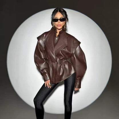 Turn-down Collar Loose Leather Jacket Womens Top