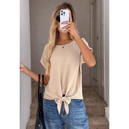 Short-sleeve Fashionable Casual Round-neck Top With A Bow Tie Strap