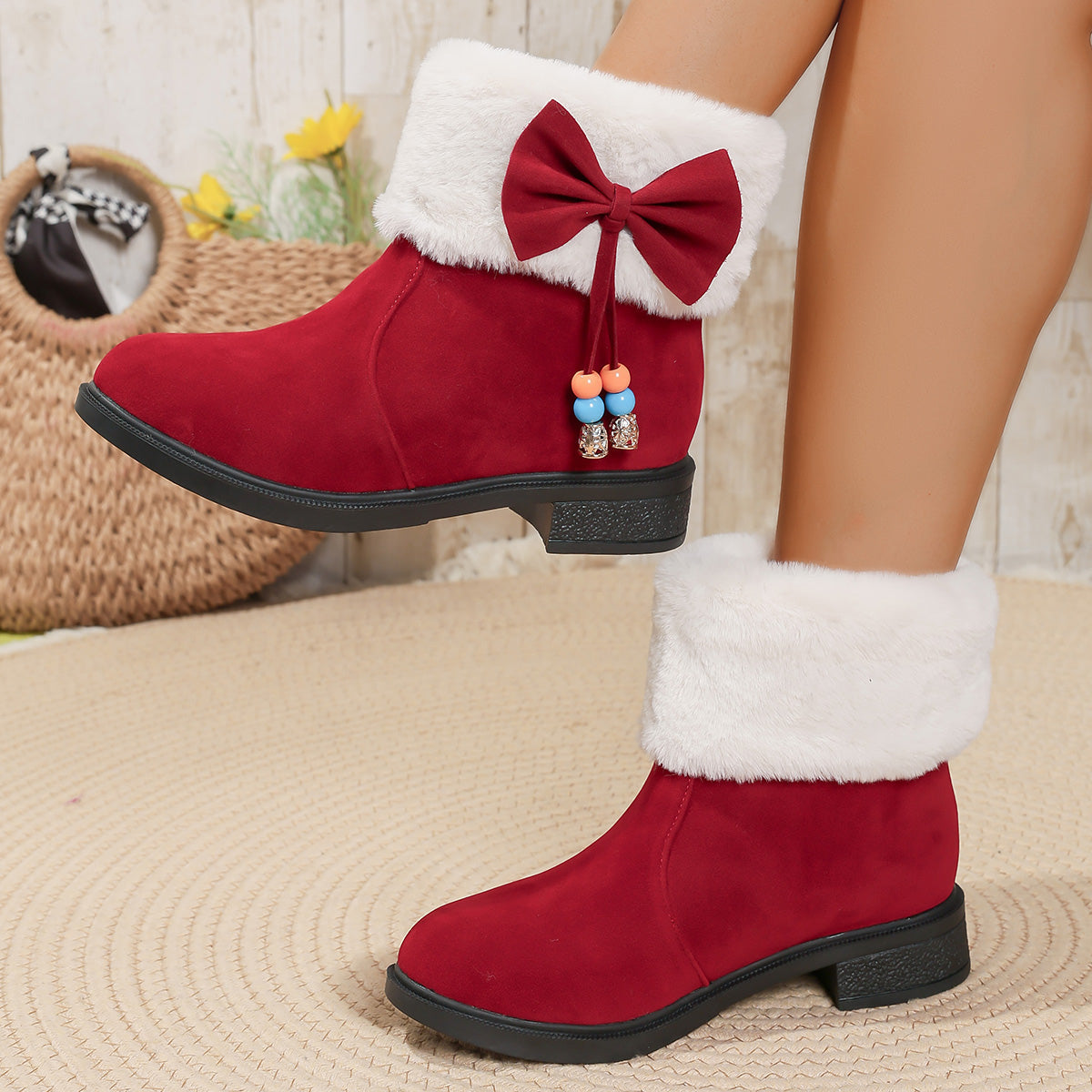 Winter Snow Boots Womens New Arrival In Stock Thick Sole Bow Round Toe Mid Calf Thickened Faux Plush Suede Cotton Shoes