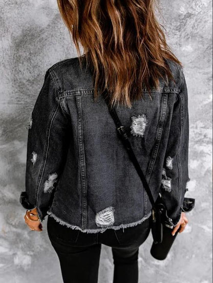Female Creative Perforated Denim Long Sleeved Shirt