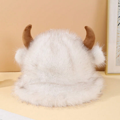 Halloween Cute Cowhorn-shaped Small-ear Plush Fisherman Hat With Stars - Versatile And Thick Outdoor Warm Fleece Hat