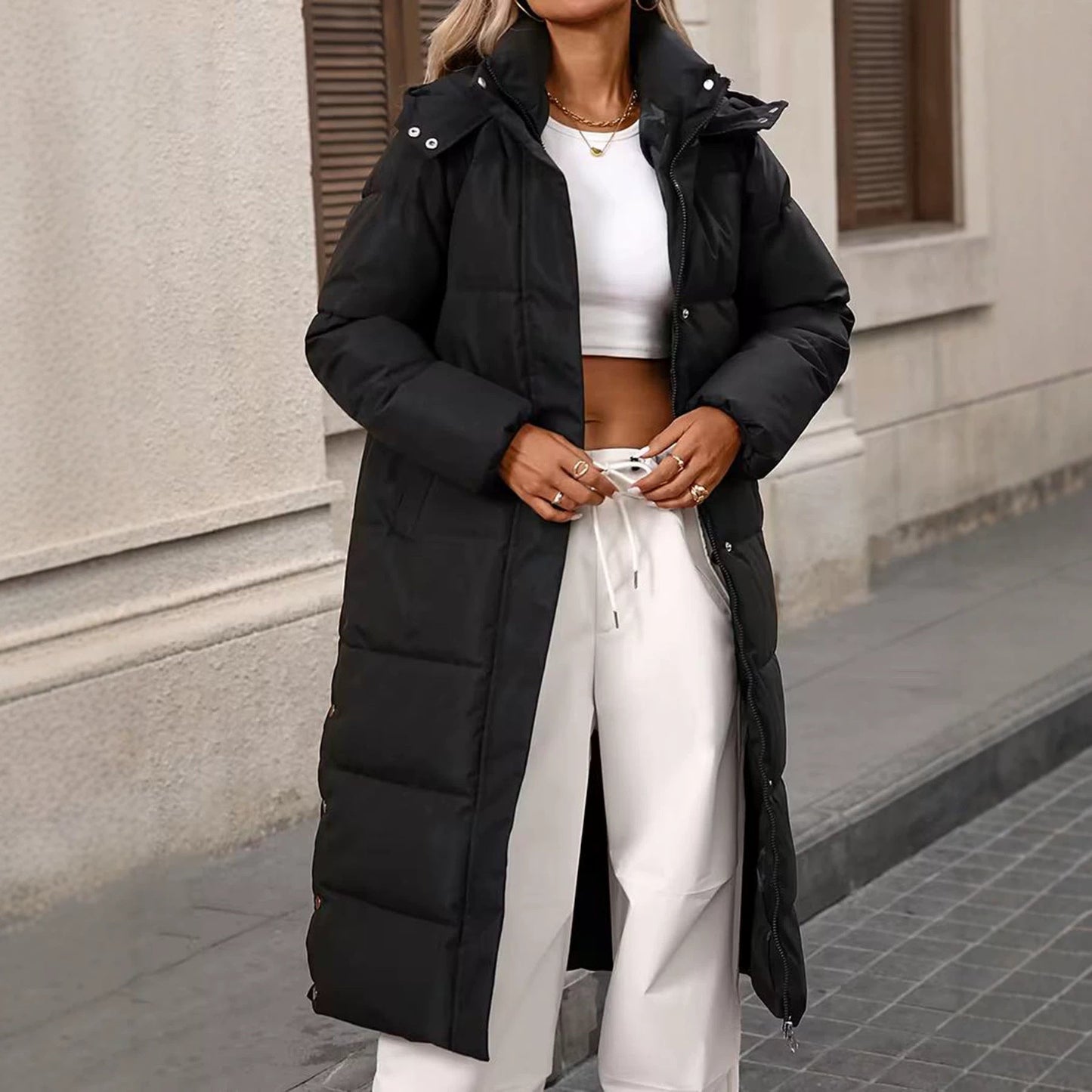 Black Long-length Hooded Thickened Cotton Coat For Women