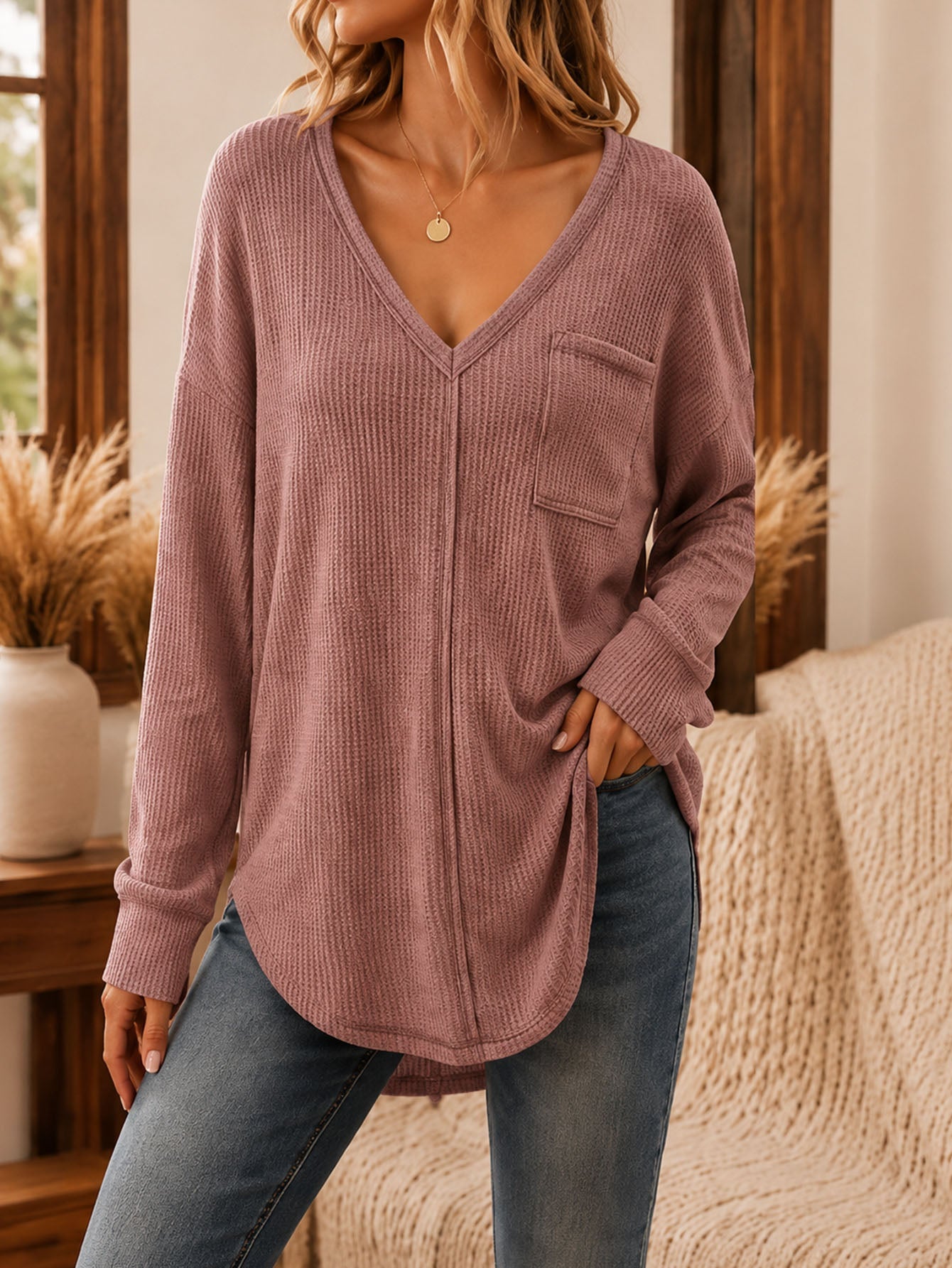 Womens Loose-Fit Pullover V-Neck Long-Sleeve T-Shirt