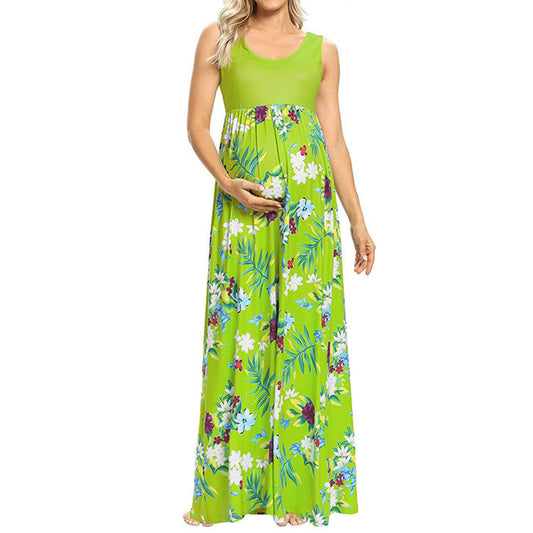 Fashion Print Stitching Round Neck Maternity Dress