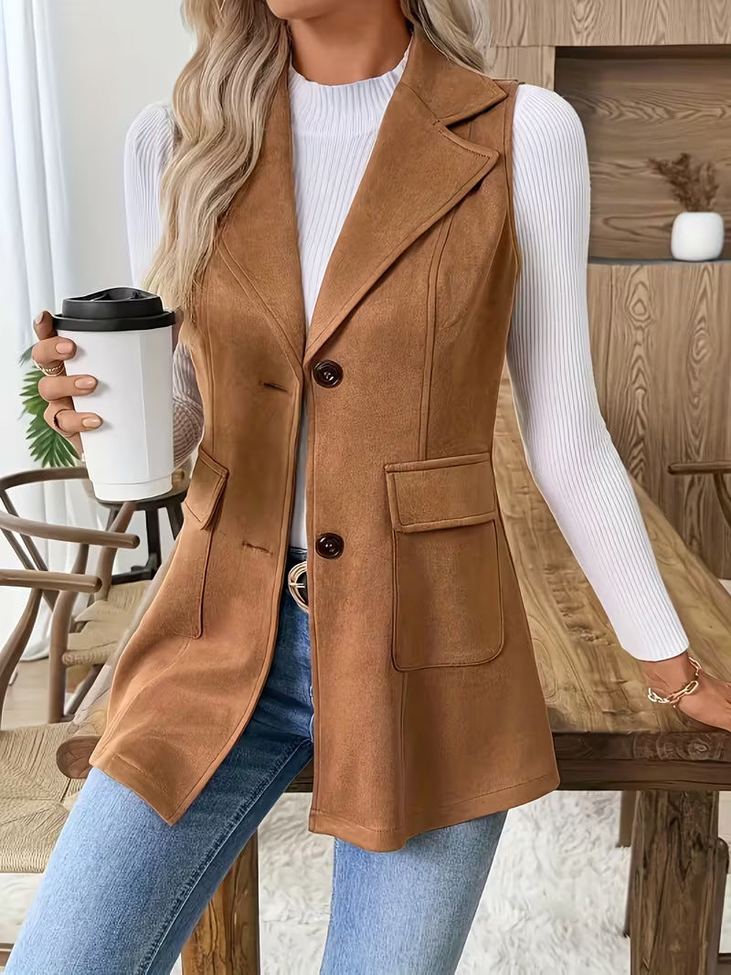 Women Lapel Sleeveless Blazer Vest Single Breasted Pocket Waistcoat Casual Fall Winter Outerwear Vest