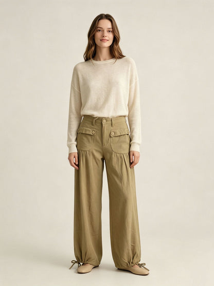Loose-fit Womens Wide-leg Denim Jeans With Pockets And Ruffled Hems