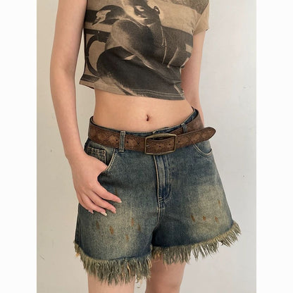 American-style Vintage Embossed Distressed Leather Belt With A Bronze Buckle, Versatile For Jeans
