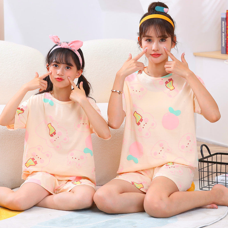 Children's Cotton Short-sleeved Home Wear Suit Parent-child Mother-daughter Home Cartoon Princess 2-piece Summer Thin Cotton