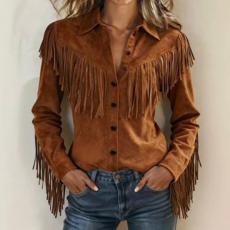 Womens Stylish Loose-fitting Jacket With Tassel Detailing