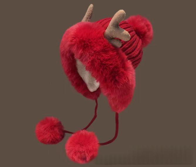Womens Plush Antler Pom-Pom Christmas Hat
