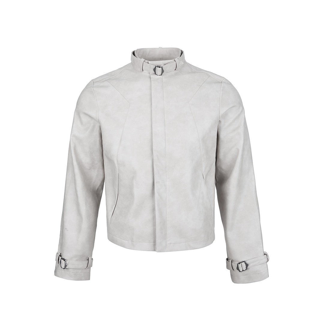 Distressed Leather Off-shoulder Short Jacket