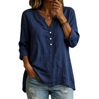 Womens Solid-Color Casual Loose-Fit Button-Up Shirt