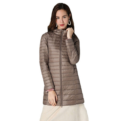 Lightweight Mid-length White Duck Down Slim-fit Winter Hooded Coat