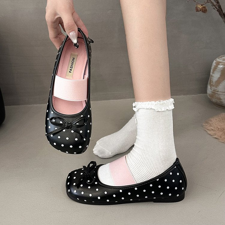 2026 Spring New Soft Sole Slip-on Ballet Flats, French Polka Dot Bow Flat Mary Jane Shoes For Women