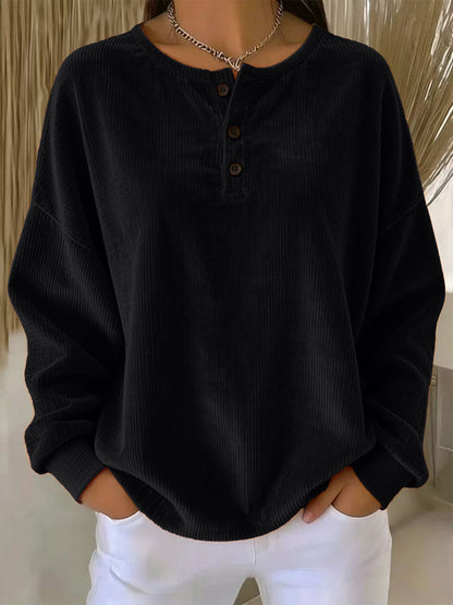 Women's Loose-fitting Round-neck Solid-color Button Sweatshirt