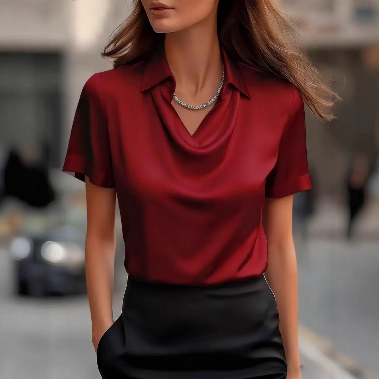 2026 Spring And Summer Small European And American New Women's Style Simple Swing Collar Shirt Collar Women's Short Sleeved Top