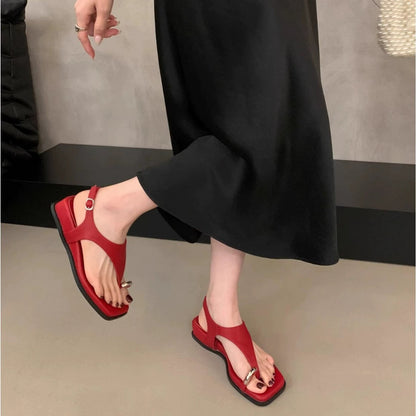 2025 Summer New French Vintage Roman Sandals, Toe Loop Backless Square Toe Wedge Sandals