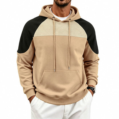 Fleece-lined Mens Patchwork Color-block Textured Loose-fit Hooded Jacket