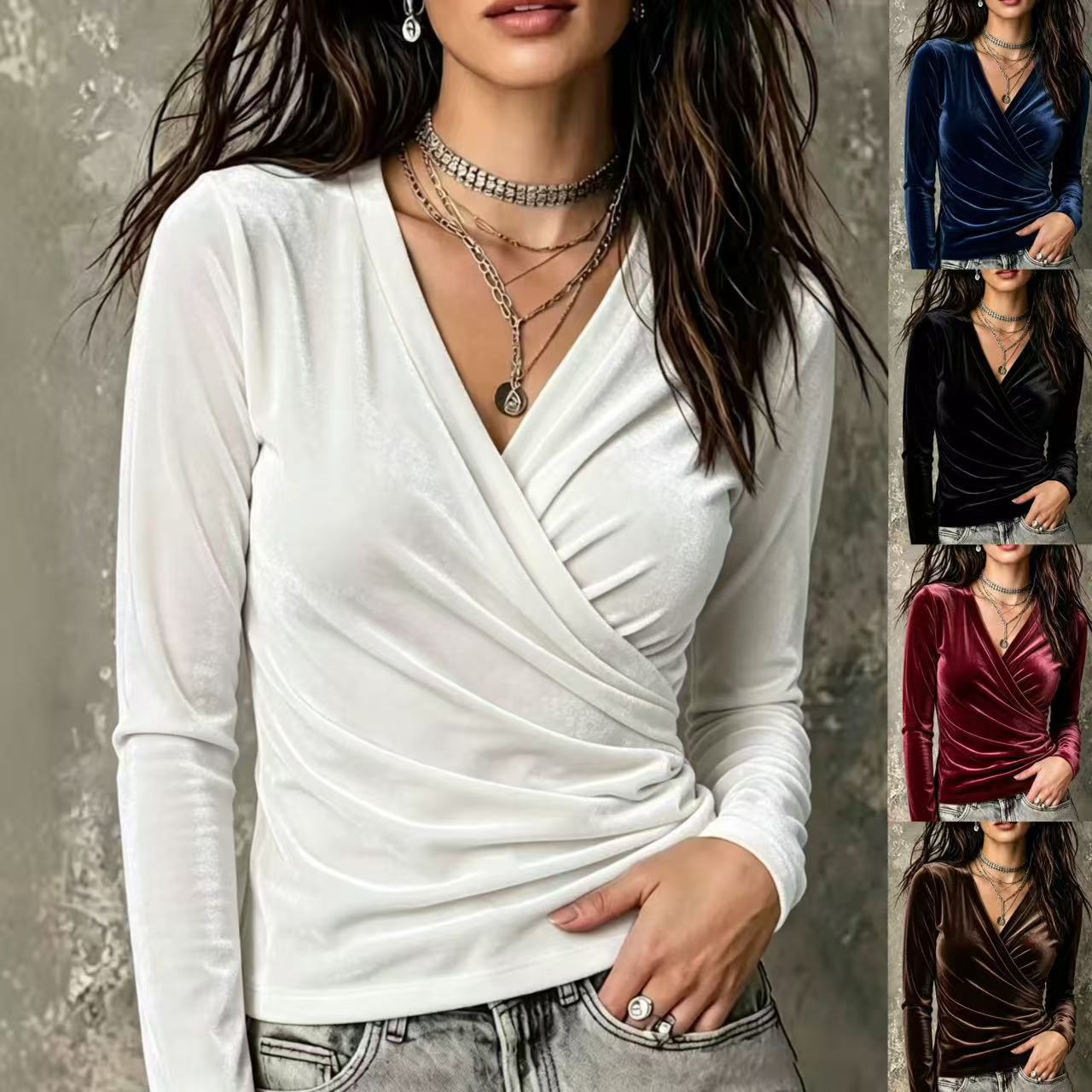 Crossover V-neck Pleated Long-sleeve T-shirt Casual Top