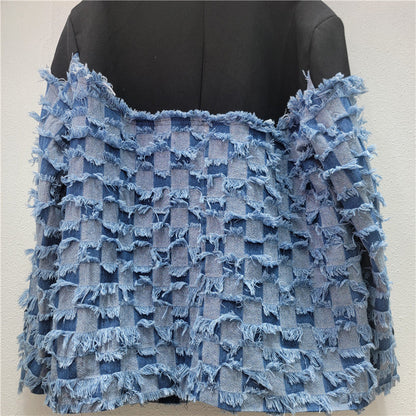 Stylish Tassel Denim Patchwork Blazer For Women