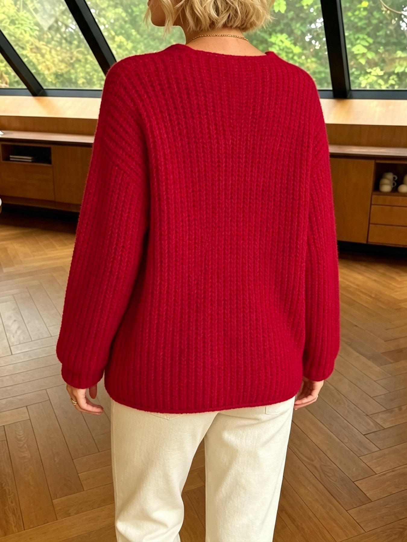 New Arrival For Autumn&Winter Vintage Gold Button Thick Ribbed Knit Red Cardigan With Pockets
