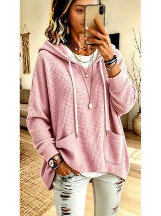 Anuo Self-developed European & American Autumn Winter Women's Waffle Loose Long Sleeve Hoodie Casual Sweatshirt