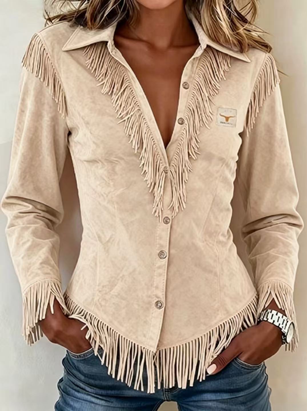 Spot Amazon Foreign Trade Cross-Border 2025 Western Cowboy Style Suede Tassel Slim Long-Sleeved Shirt