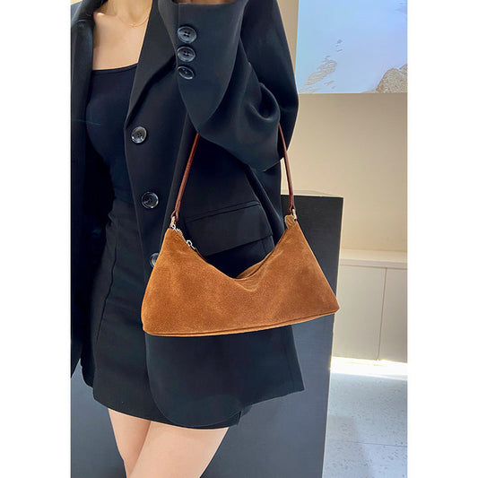 Retro Matte Top-grain Leather Niche Suede Shoulder Bag