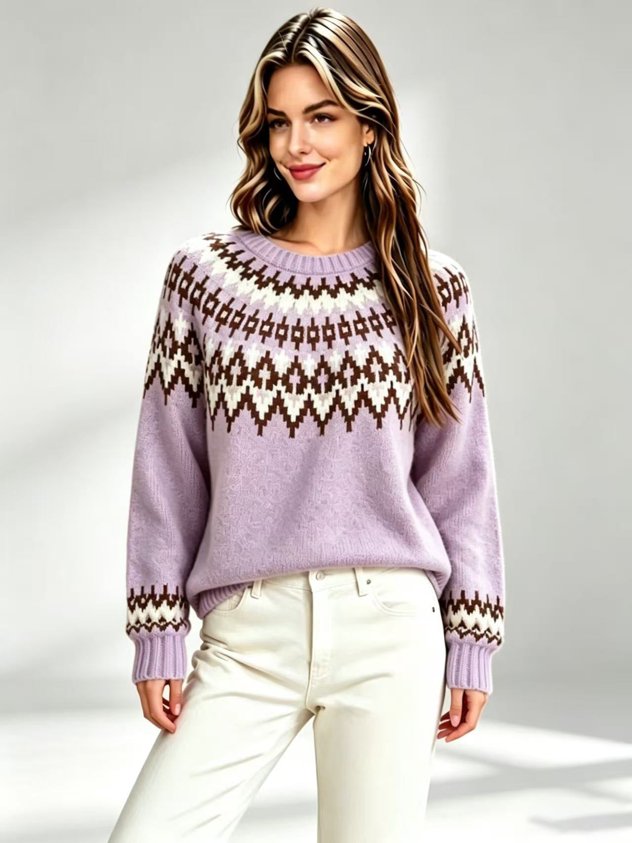 Womens Retro Fair-Isle Knit Crew-Neck Sweater