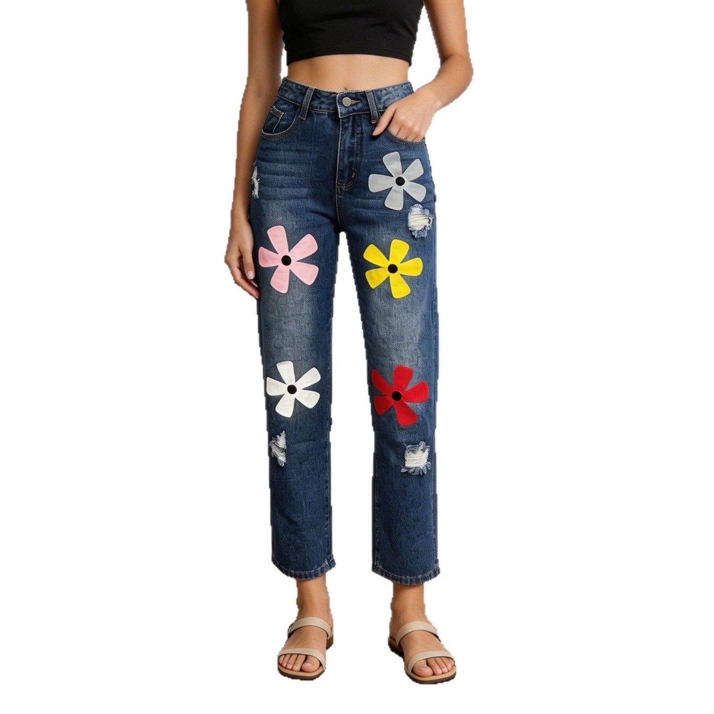 Fashionable And Versatile Womens Denim Jeans With A Dopamine Print