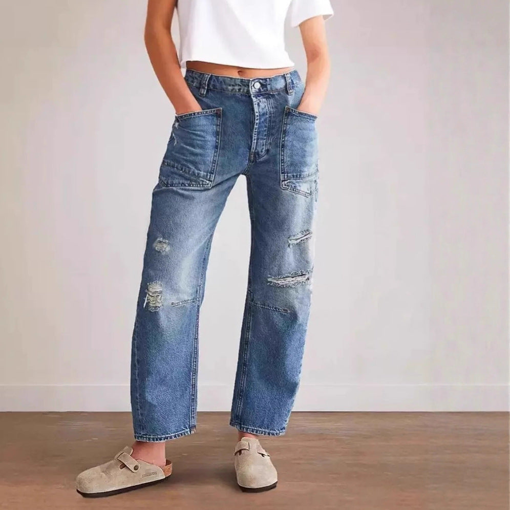 Retro Patchwork Wide Ocketed Distressed Jeans