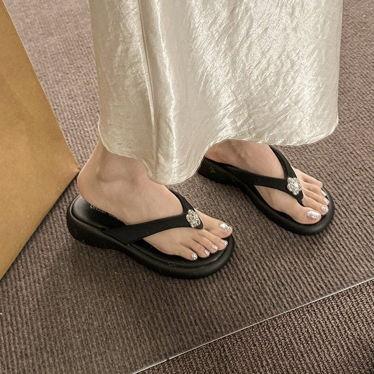 Women Trendy Sweet Metal Camellia Flower Platform Flip Flops, Thong Open Toe Slip Wedge Cushioned Sole Summer Beach Vacation Casual Slide Slippers