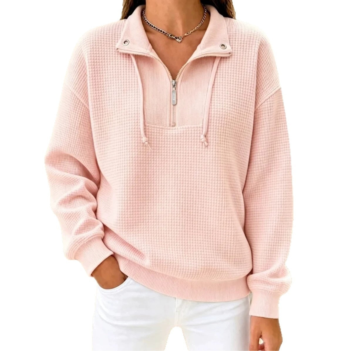 Autumn Solid-Color Stand-Neck Zippered Long-Sleeve Patchwork Womens Sweatshirt
