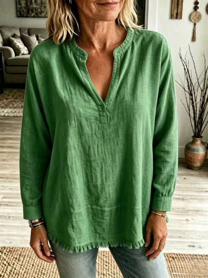 Women Solid Shirt Notch Collar V Neck Long Sleeve Tassel Fringe Hem Loose Casual Blouse Tops Spring Summer
