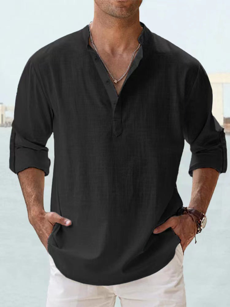 Trade Men's Linen Collar Long-sleeved T-shirt Loose T-shirt Solid Color Long-sleeved Cotton And Linen Shirt For Men