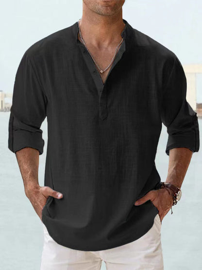 Trade Men's Linen Collar Long-sleeved T-shirt Loose T-shirt Solid Color Long-sleeved Cotton And Linen Shirt For Men