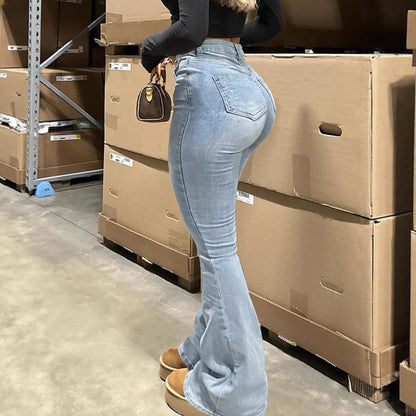 Street-style Solid-color Zip Flare High-waist Slim-fit Denim Jeans