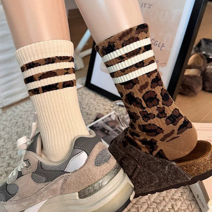 Womens Mid-calf Long Socks Versatile Striped Knee-high Cotton Socks