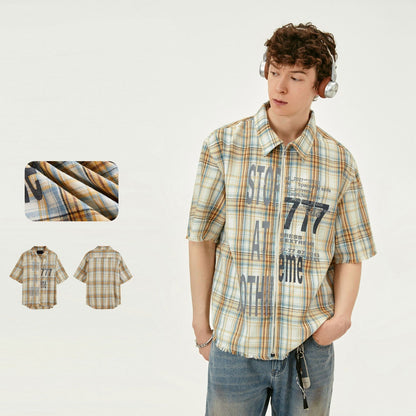 Printed Washed Tassel Short Sleeve Plaid Shirt